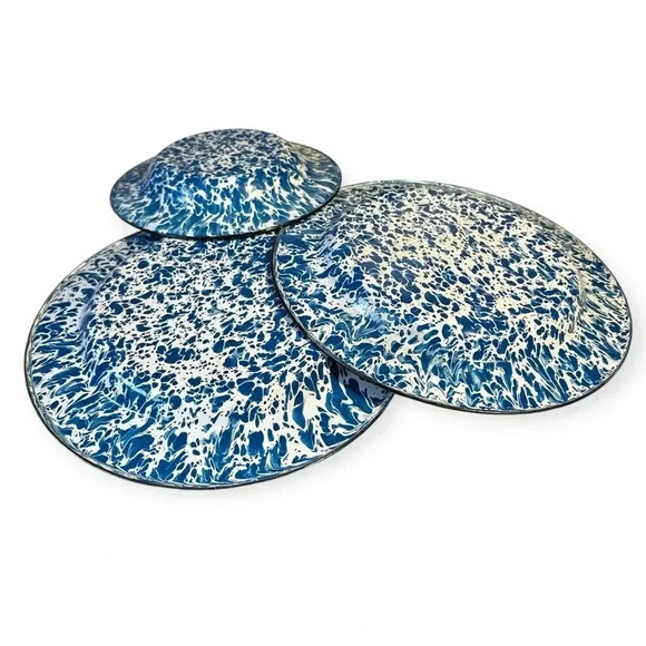 Enamelware metal Dinner Plate Blue/White Splatter set of 3 - Picture 4 of 5
